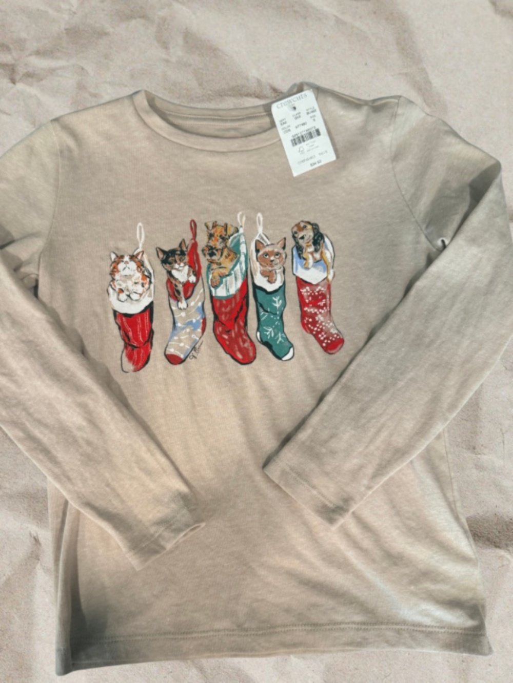 J. Crew Crewcuts Girls Christmas Cat Stocking Long Sleeve Tee NWT